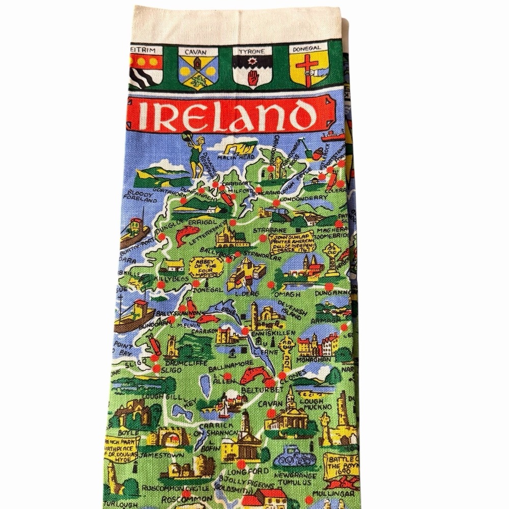 Vintage Pure Irish Linen Fingal Dish Tea Towel Map of Ireland Coat of Arms